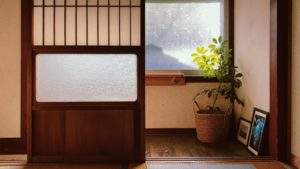 2nd floor of my akiya in the Japan inaka with showa-era pressed glass, tatami mat flooring and fusuam rice paper sliding doors