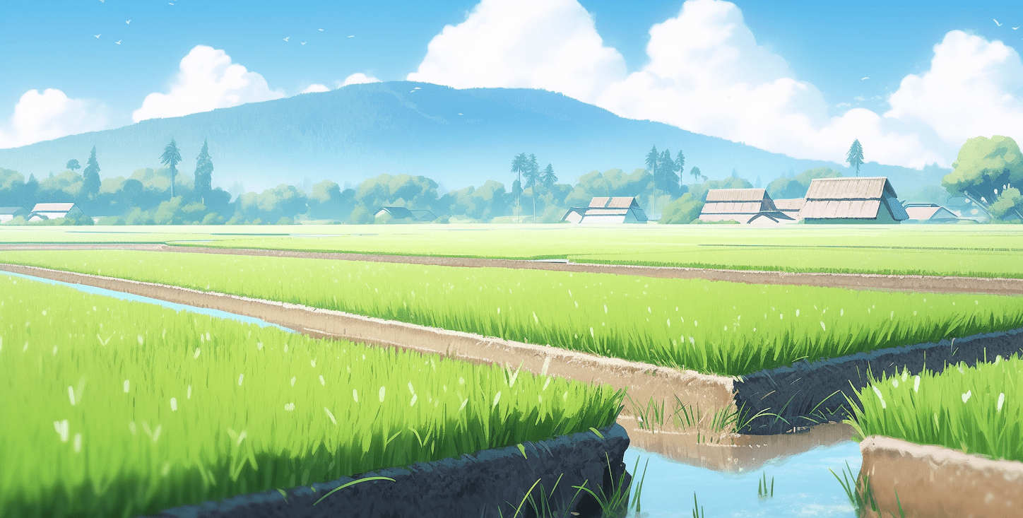 Illustration of a rice field in rural Japan's inaka.